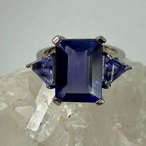 Sterling silver lab created emerald cut Ceylon sapphire with side trillions
